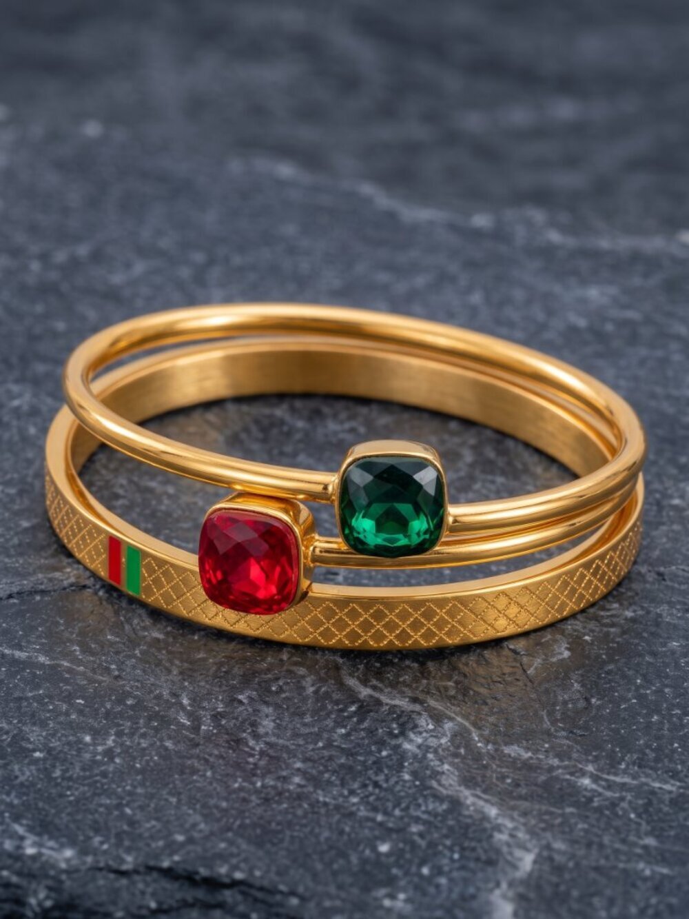 Italian Style 18K Gold Plated Red Green Striped Bangle Cuff Bracelet Set 2Pc